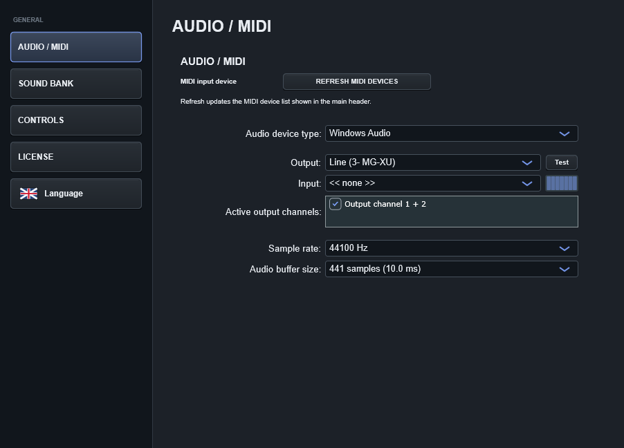 Configurações de áudio e MIDI do Stage Arranger