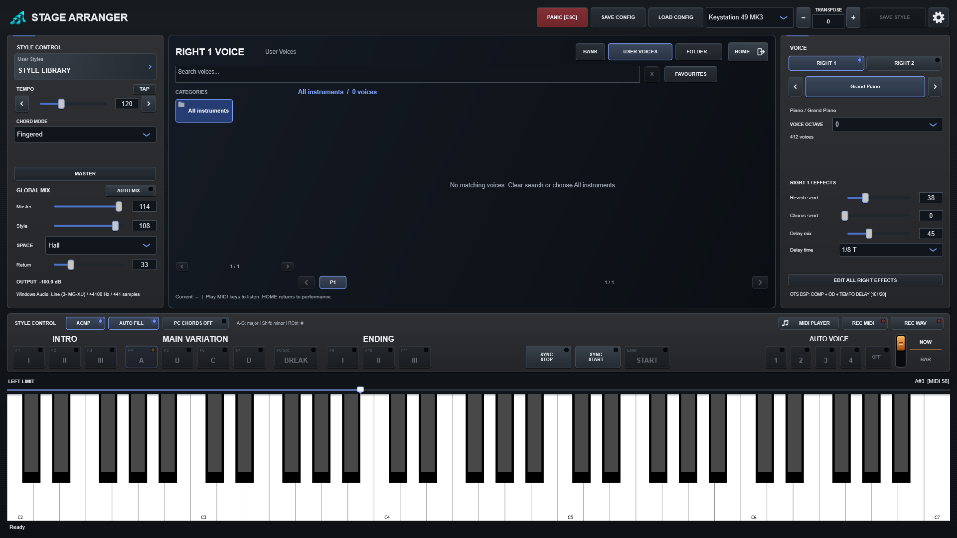Selecione RIGHT 1 ou RIGHT 2, abra USER VOICES e clique em FOLDER… para escolher uma pasta com arquivos SF2. Depois clique em um som. A estrela o adiciona aos FAVOURITES.